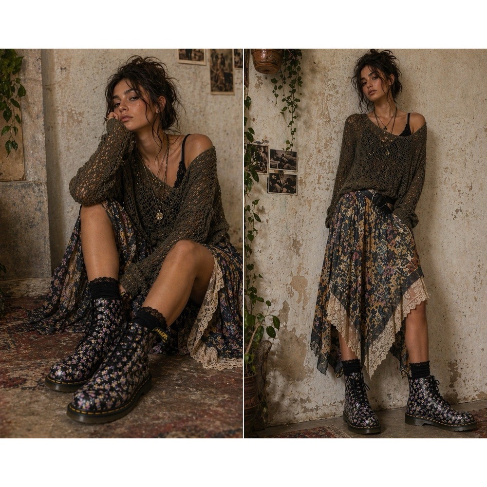 Dr Martens 1460 Mini Tydee Floral Boots Womens 8 Cottagecore Praire Punk Combat